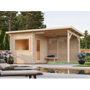 Palmako Sauna Sanna, naturbelassenes Saunahaus mit Vorraum und Sichtschutz aus Fichtenholz.