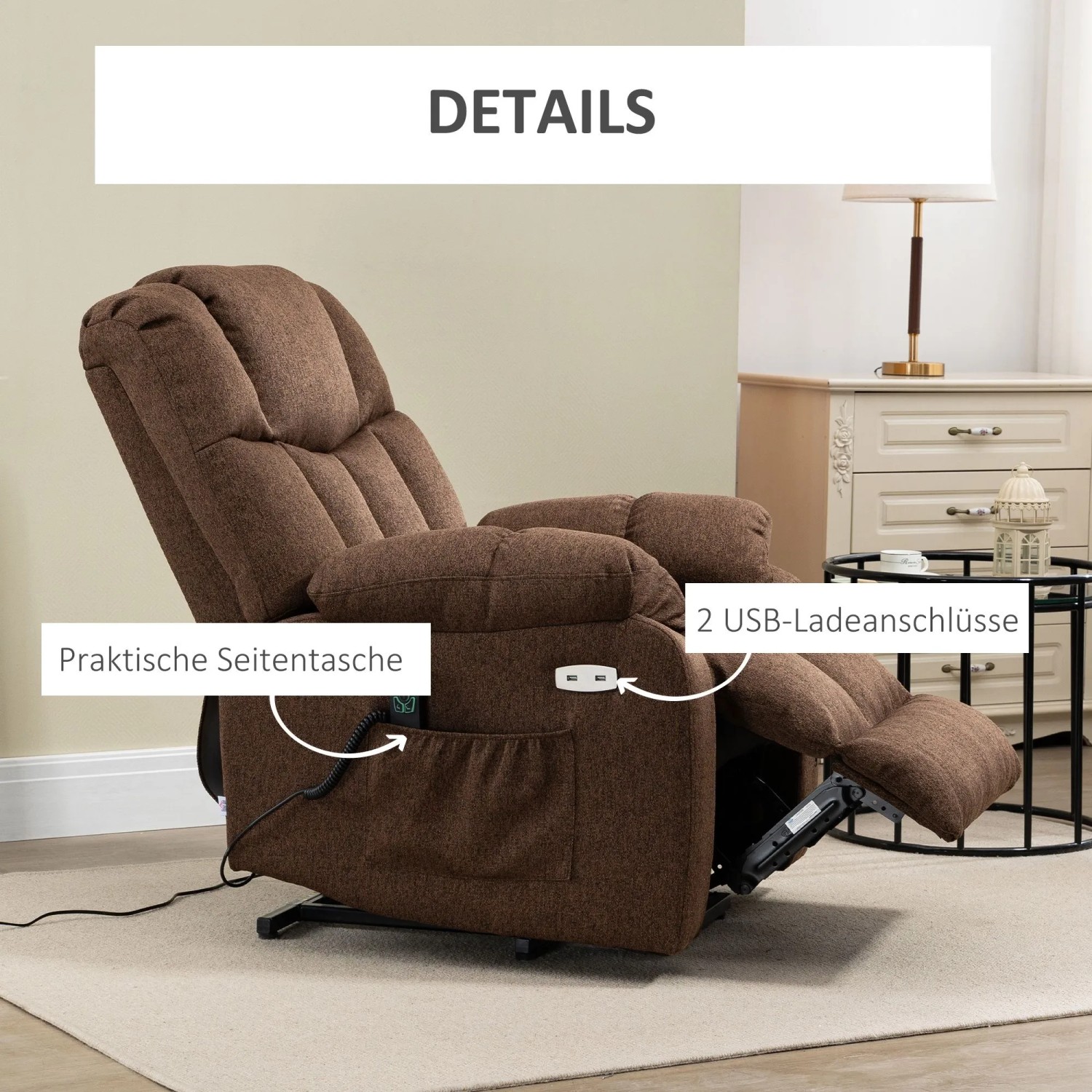 Brauner HOMCOM Fernsehsessel mit Aufstehhilfe, ausgeklappter Fußstütze, Seitentasche und USB-Ladeanschlüssen.