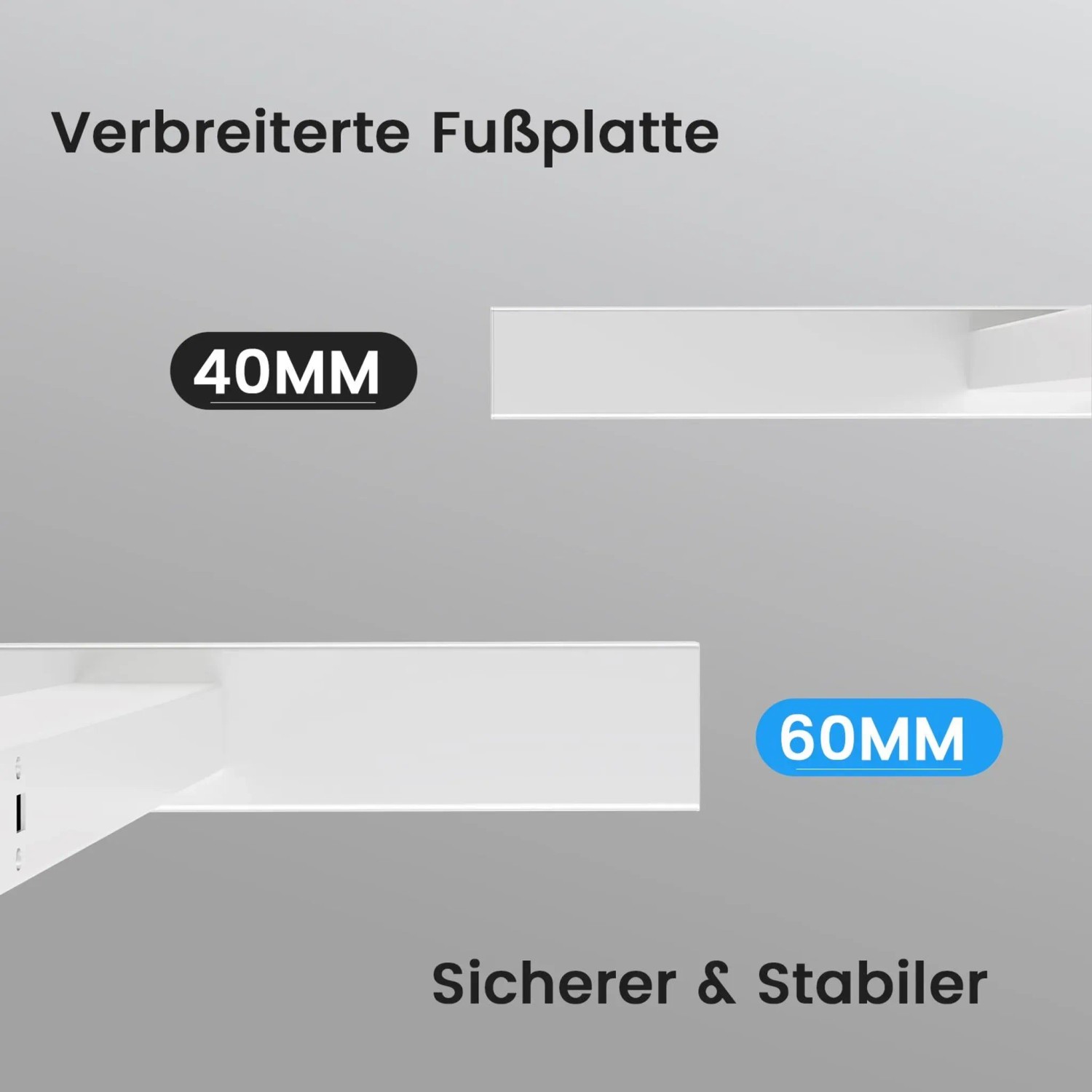 Detailaufnahme: Verbreiterte Fußplatte für stabilen, höhenverstellbaren Schreibtisch.