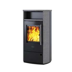 Kleining Mailand Kaminofen, Naturstein grau, 6 kW, mit Feuer im Brennraum und Warmhaltezone.