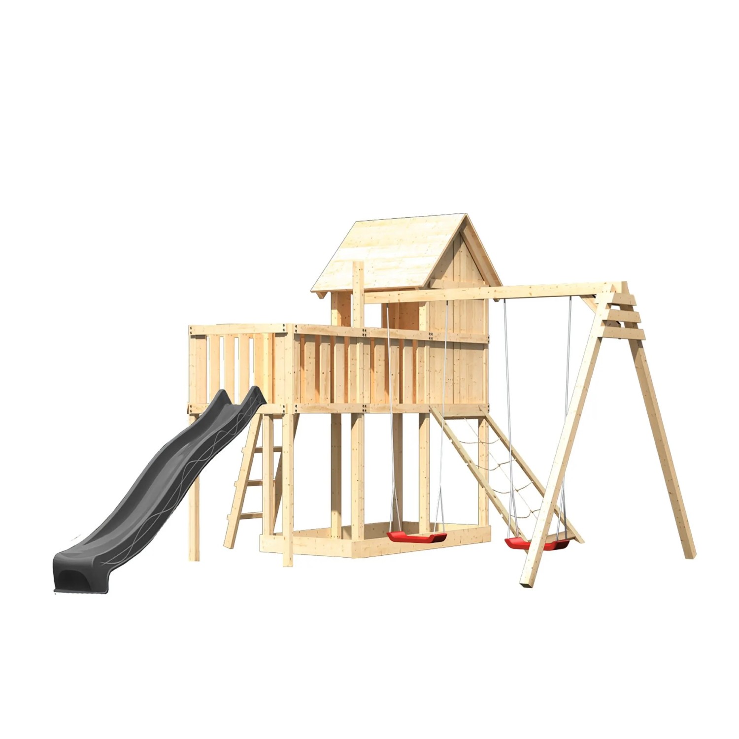 Karibu Spielhaus Frieda mit Rutsche Doppelschaukel Plattform u. Rampe