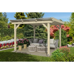 Skan Holz Pavillon Marseille, naturbelassener Holzpavillon mit Sitzgruppe im Garten.