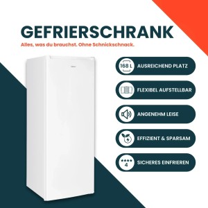 Weißer homeX Gefrierschrank mit 168L Nutzinhalt, freistehend und leise. Ideal für die Lagerung von Lebensmitteln.