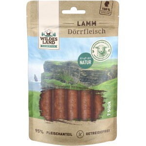 Wildes Land Hunde-Snack Lamm Dörrfleisch, 150g Packung mit 7 Stück. Hunde-Kaustreifen aus Lammfleisch.