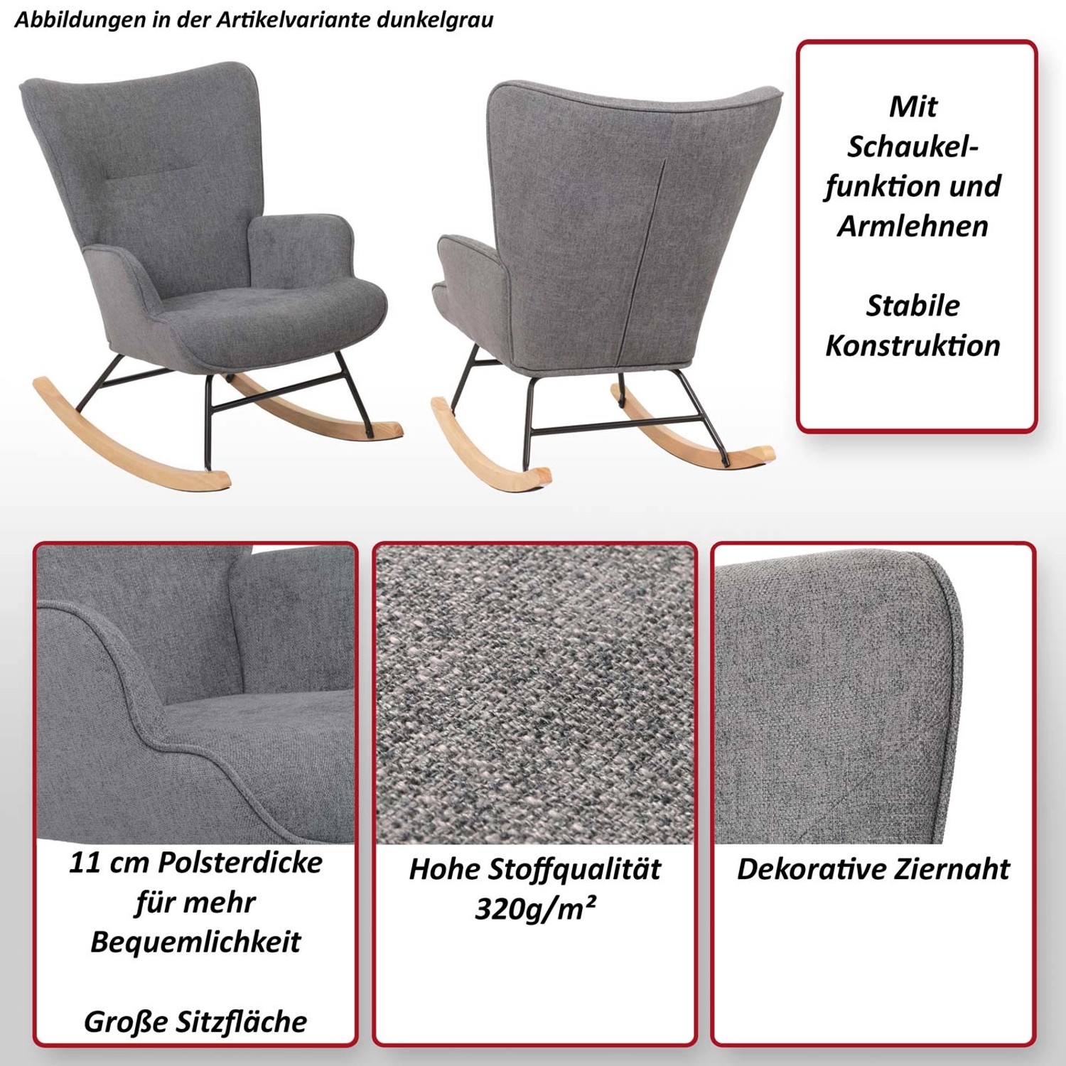 Brauner MCW Schaukelstuhl N14 mit Armlehnen und grauem Stoffbezug.