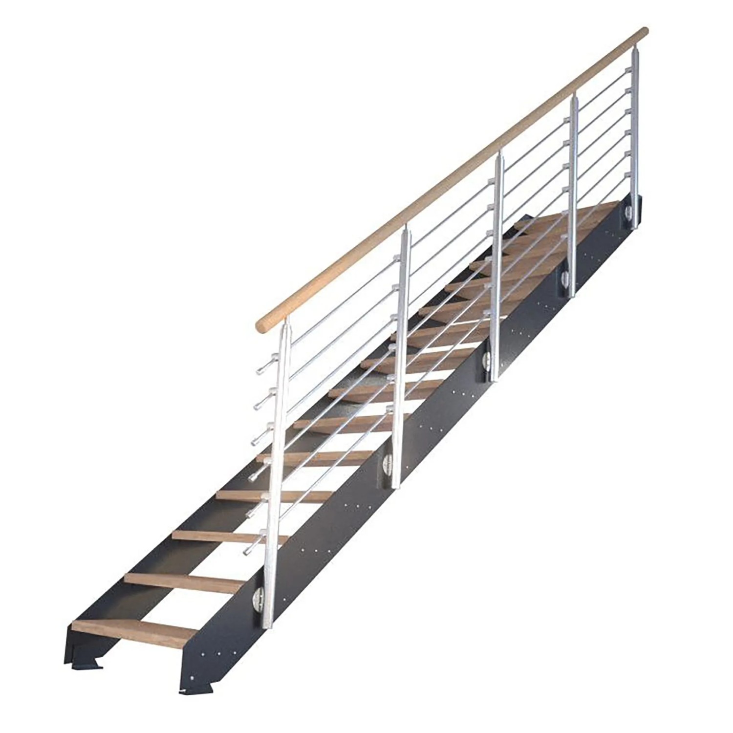 Treppe Kos mit 10 Stufen aus Eiche Rustik, Design-Geländer in Schwarz, geeignet für den Innenbereich.