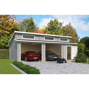 Lichtgraue Lasita Garage Hawaii, Doppelgarage aus Holz mit zwei Autos und Abstellraum.