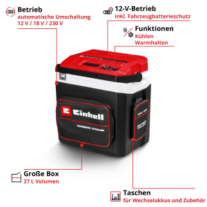 Einhell Akku-Kühlbox TE-COL 18/27 Li-Solo: Kühlbox mit Akku-Fach und Tragegriff.