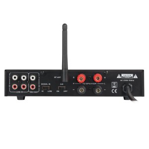 Rückansicht Dynavox ESA-18 MK BT Verstärker mit Anschlüssen für Lautsprecher, Line-In und Bluetooth Antenne.