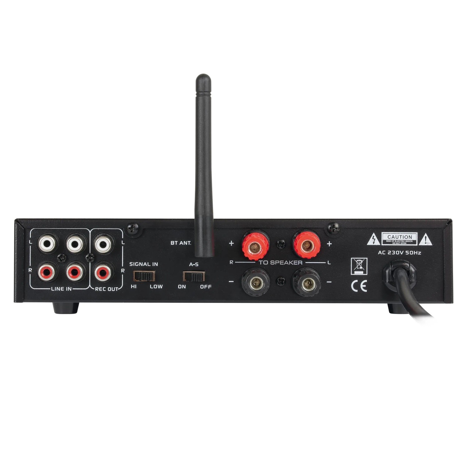 Rückansicht Dynavox ESA-18 MK BT Verstärker mit Anschlüssen für Lautsprecher, Line-In und Bluetooth Antenne.