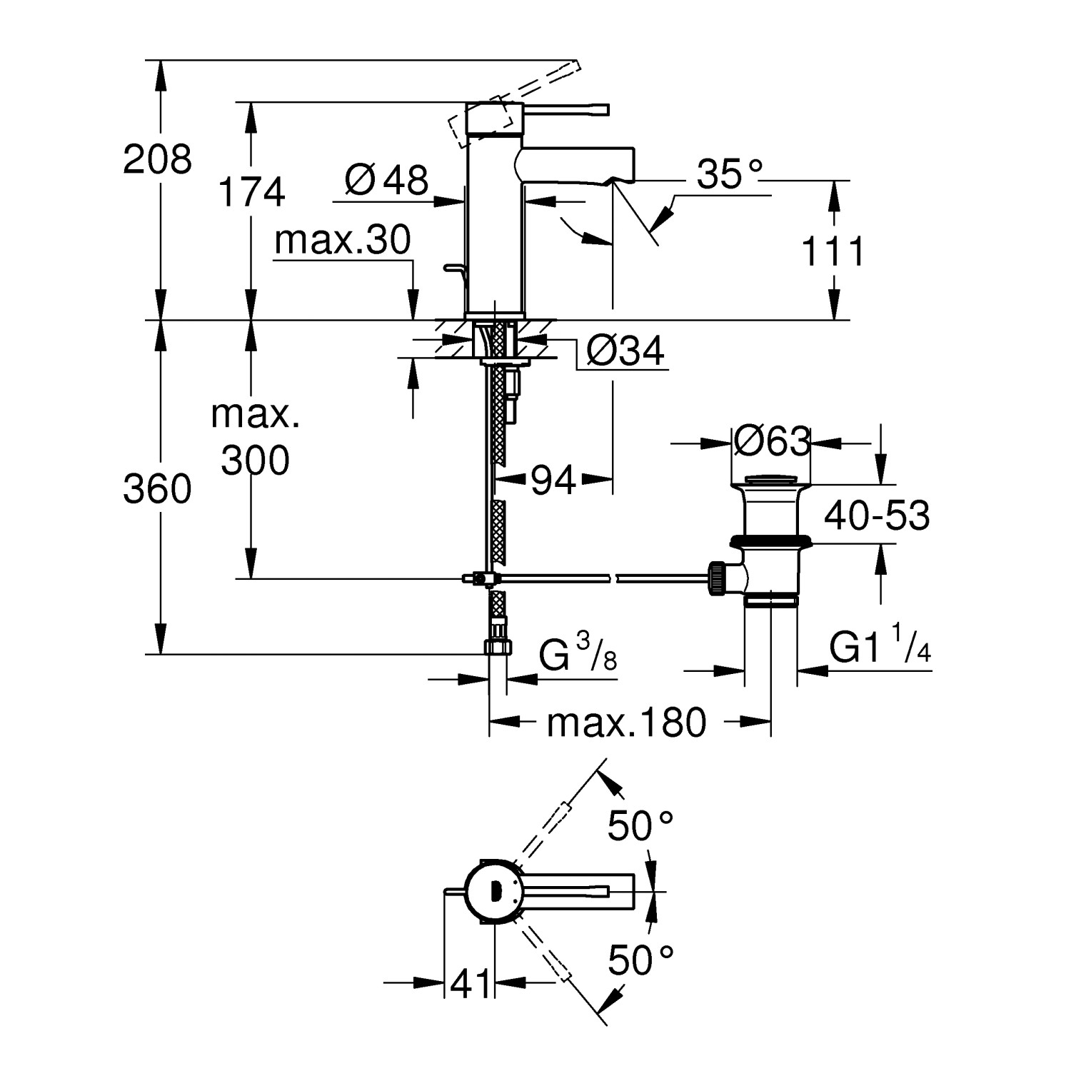 Technische Zeichnung: Grohe Essence Waschtischarmatur S-Size, Chrom, Maße und Details.