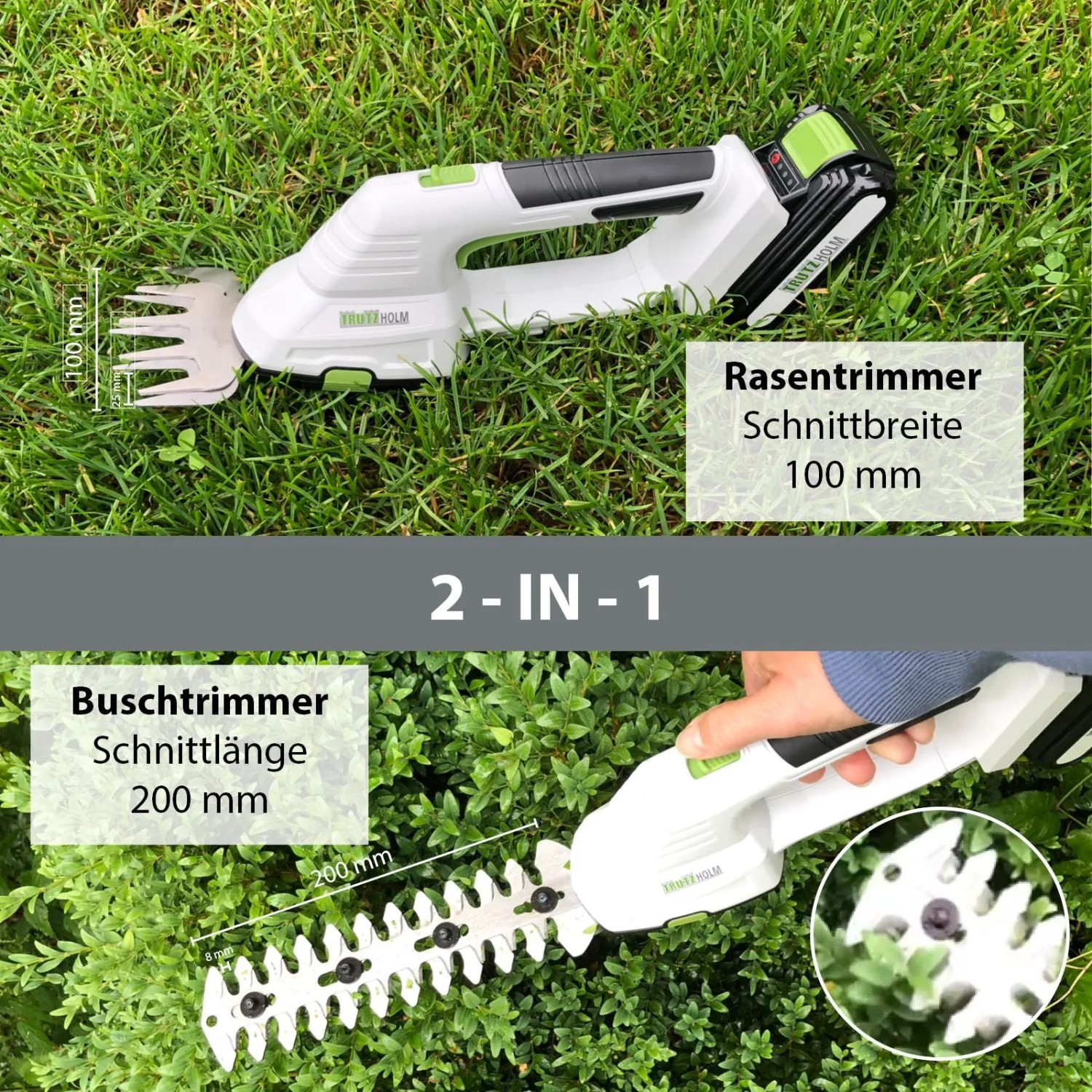 TRUTZHOLM Akku Rasentrimmer/Strauchschere 2in1, 20V, mit Akku. Ideal für Rasenkanten und Büsche.