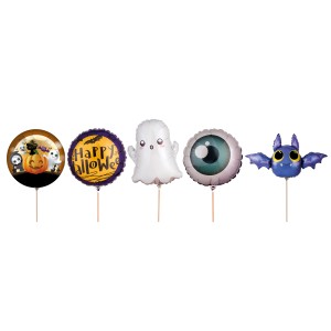 Mehrfarbige Halloween Mini Folienballons (5-fach sortiert) mit Kürbis, Geist, Fledermaus und Augapfel.