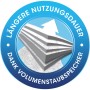 Swirl EcoPor Staubsaugerbeutel Zubehör: Icon zeigt Filterlagen, Pfeil, Text "Längere Nutzungsdauer dank Volumenstaubspeicher".