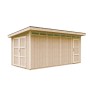 Timbela Holz-Gartenhaus M905C, grundiert, mit Flachdach und zwei Türen.