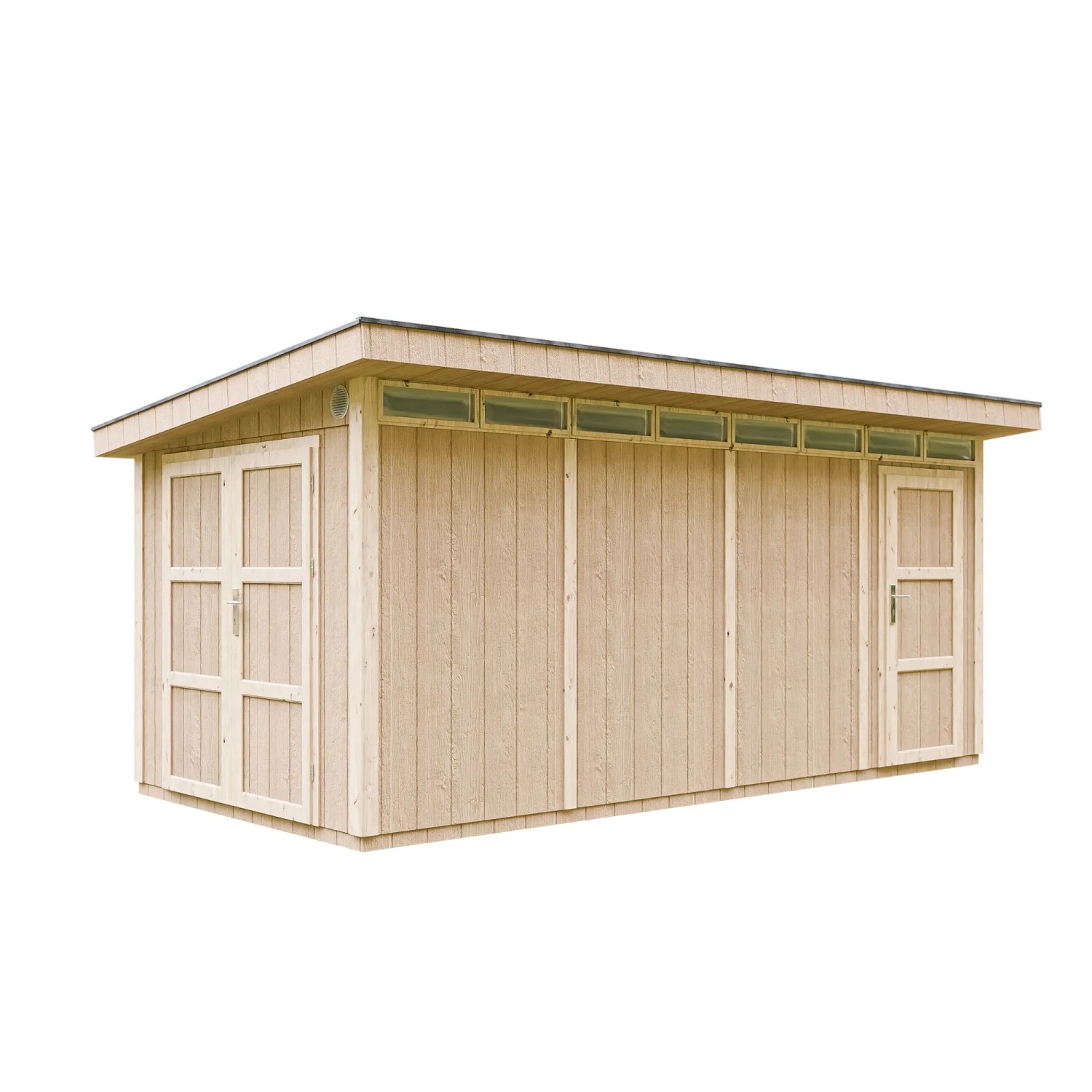 Timbela Holz-Gartenhaus M905C, grundiert, mit Flachdach und zwei Türen.