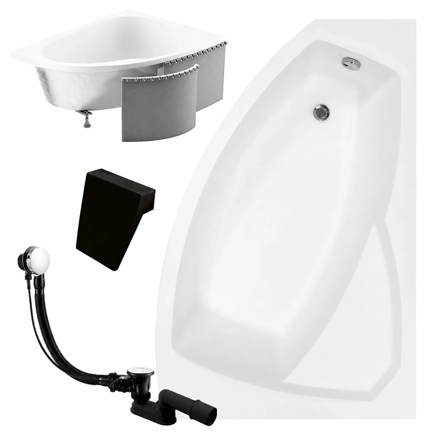 KOLMAN Badewanne Eckwanne 160 x 100 Cm Rechts Mit Styroporverkleidung Und Schwarzer Kopfstützen Inkl. Ablauf Und Füße