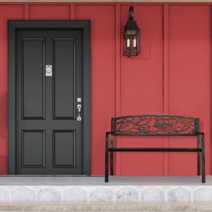 Schwarz-bronze Gartenbank aus Stahl & Gusseisen mit Vogelornamenten. 2-Sitzer für Balkon, Terrasse, Garten.