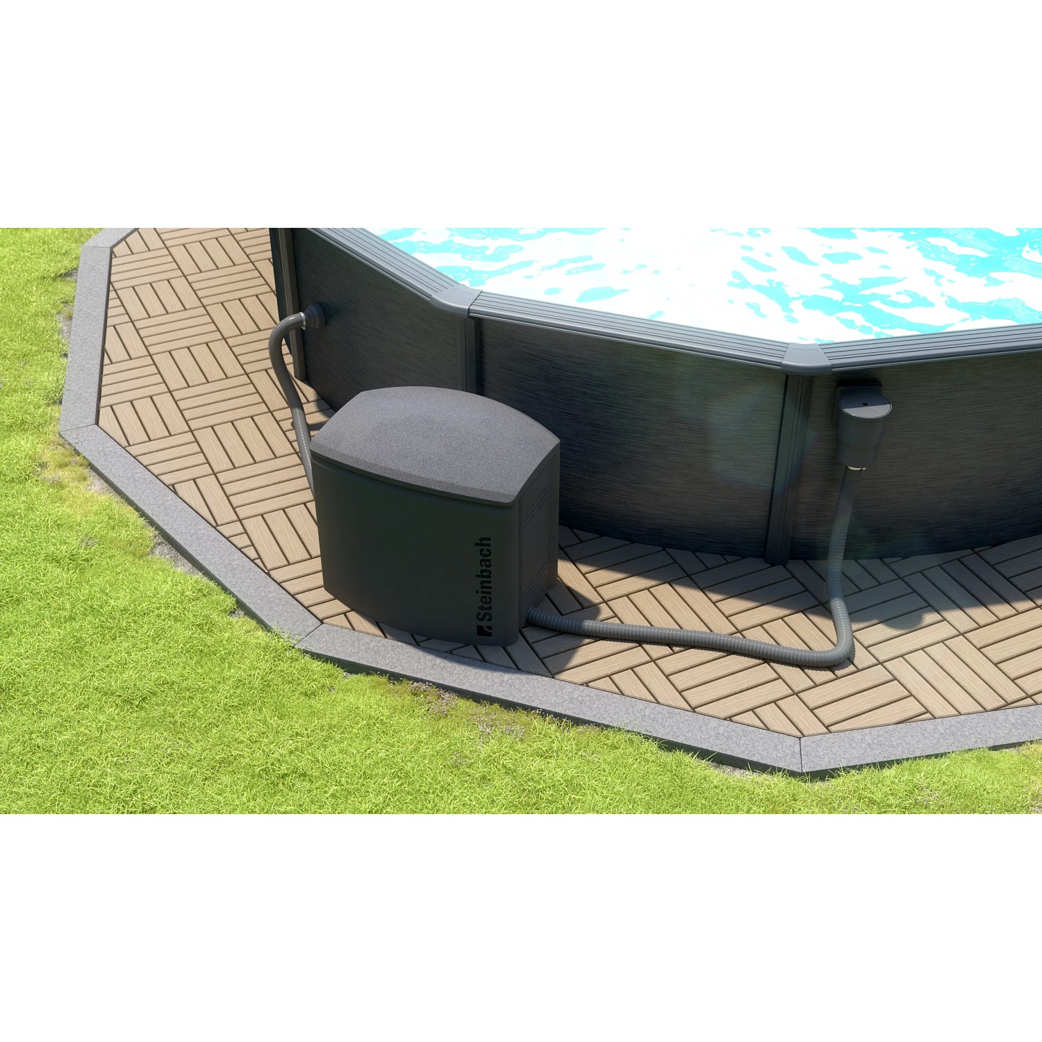 Steinbach Pool Technikbox neben Pool, graues Gehäuse für Pooltechnik im Garten.