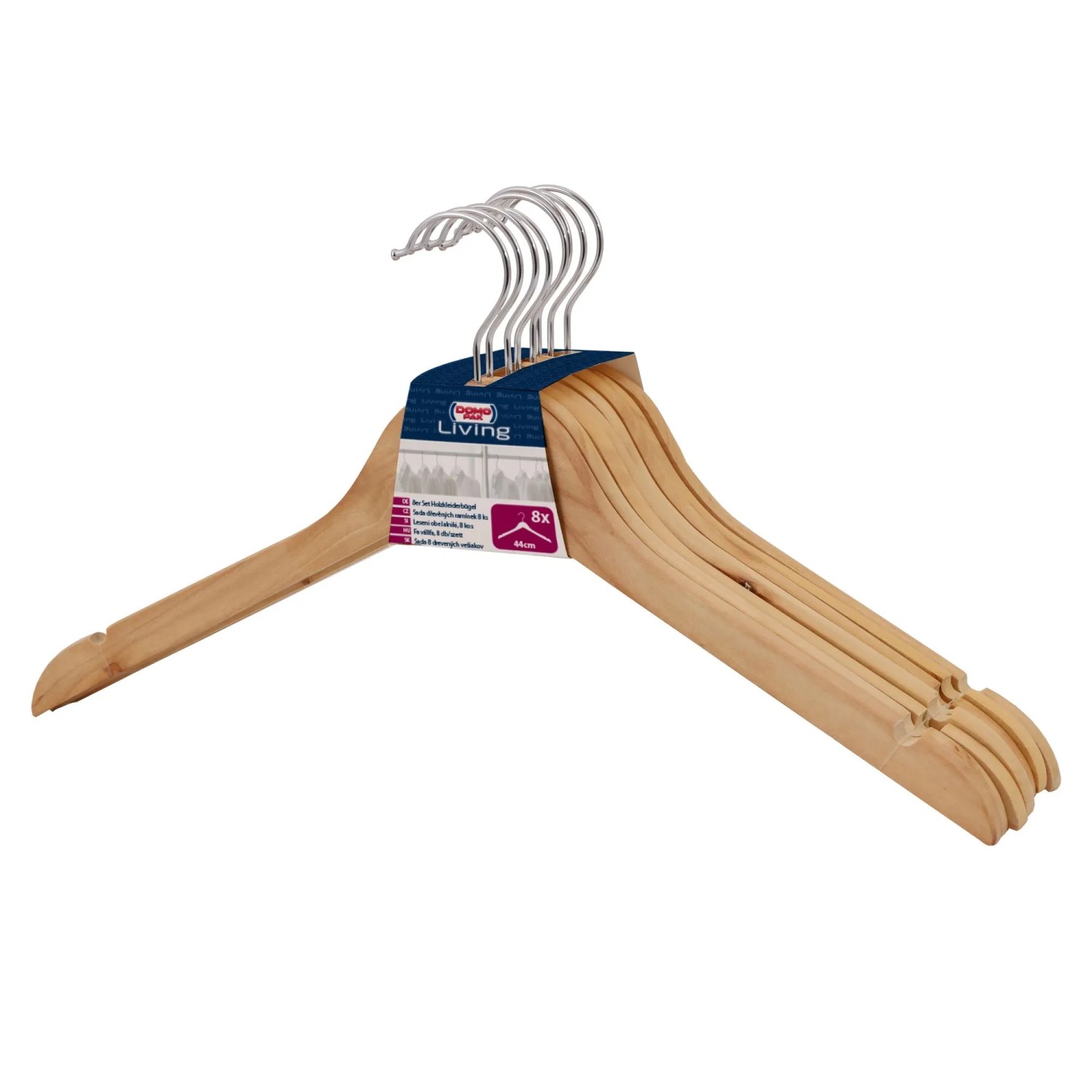Domopak Living Holzkleiderbügel, 8er Set aus hellem Holz mit drehbarem Haken.