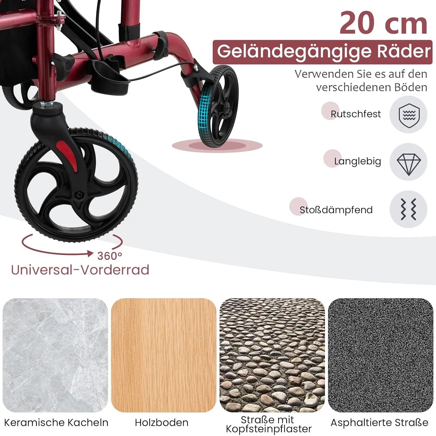 Costway Rollator Faltbar & Leicht Gehhilfe 6-Fach Höhenverstellbar Rot_5