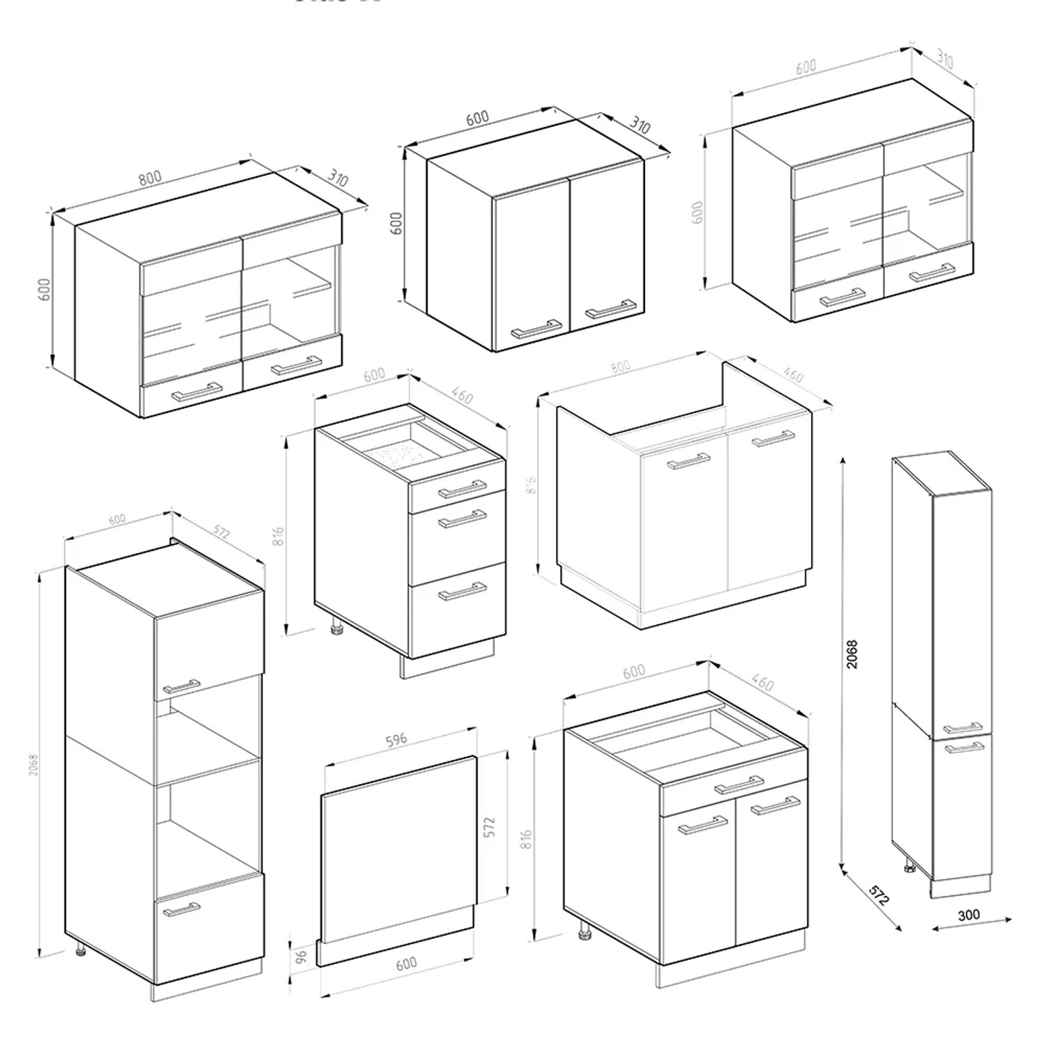 Skizze der Vicco R-Line Küche 350 cm in Weiß Hochglanz/Anthrazit mit Hochschrank AP Eiche.