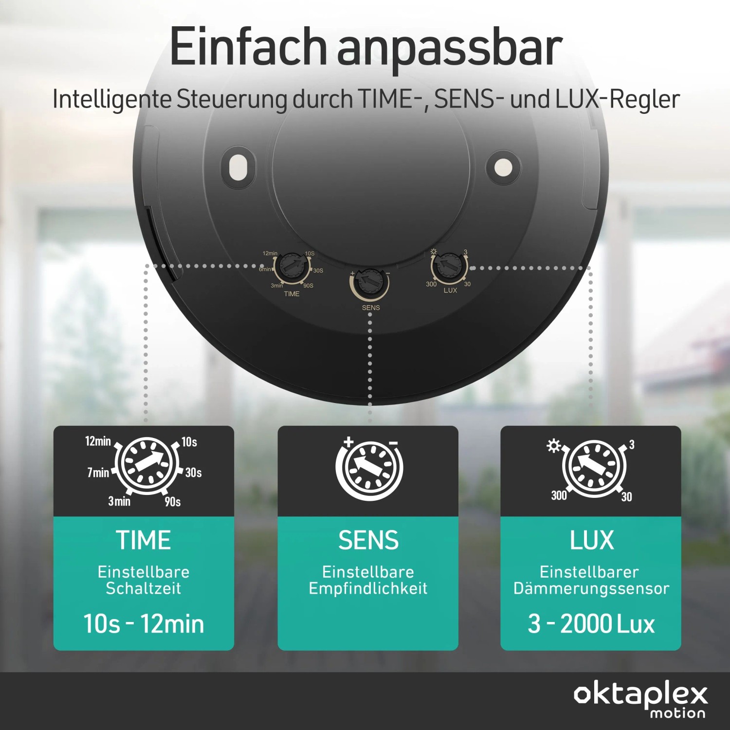 Oktaplex Isa Präsenzmelder, 360 Grad, schwarz, zur Deckenmontage mit Einstellreglern für Zeit, Empfindlichkeit und LUX.