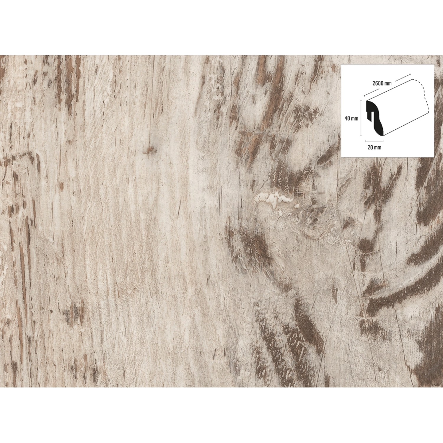 Sockelleiste Kiefer Fresco weiß, 60x20x2600 mm, mit Kabelkanal. Fußleiste im Holzdesign.