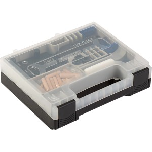 LUX Holzdübelbox, 85-teilig, mit Dübeln, Holzbohrern, Dübellehre, Abstandshaltern und Leim im Koffer.