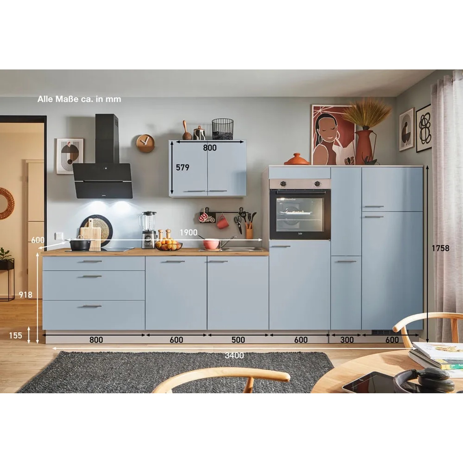 Pino Küchenzeile 340cm in Pastellblau mit Geräten, Spüle und Apothekerschrank. Anschlag rechts.