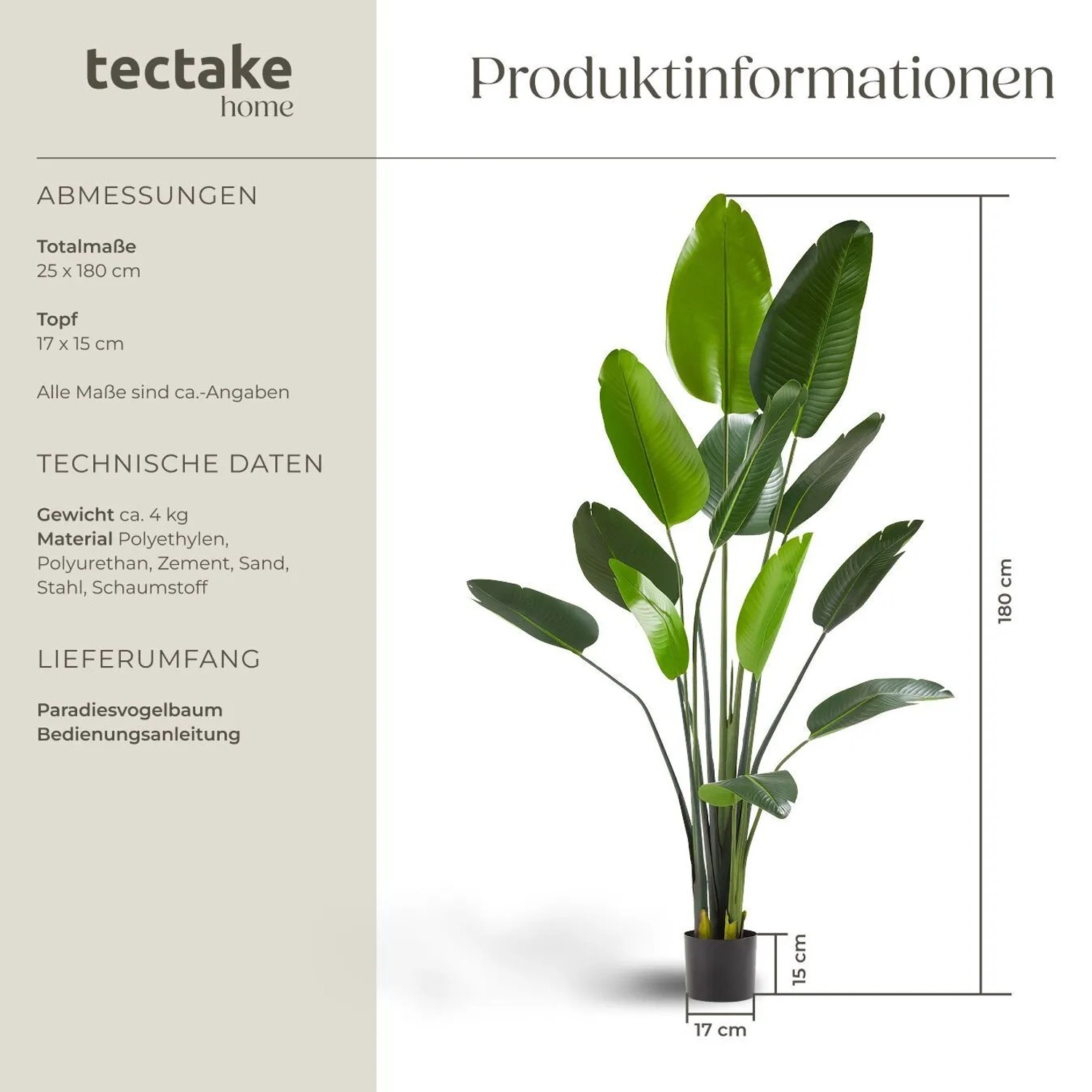 Tectake künstlicher Paradiesvogelbaum, 180 cm hoch, mit Maßen und Materialangaben.