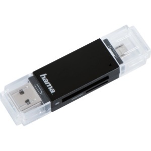 Schwarzer Hama USB 2.0 OTG Kartenleser für SD- und MicroSD-Karten.