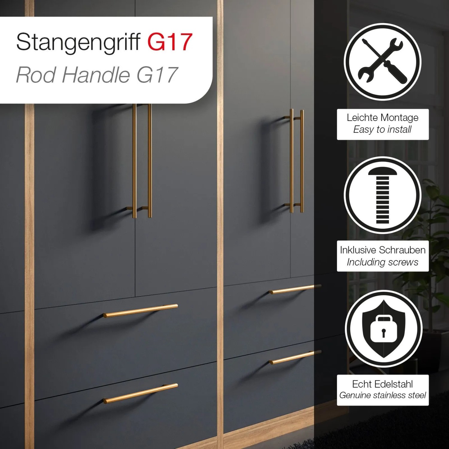 Goldfarbener SOTECH Stangengriff G17 (BA 96 mm) an grauer Schrankfront.