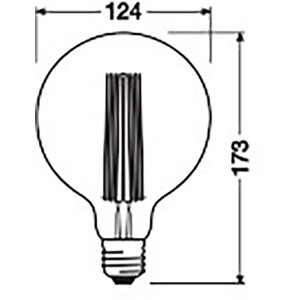Skizze: Osram LED-Leuchtmittel E27 Globe, Maße 17,3 x 12,4 cm (H x Ø).