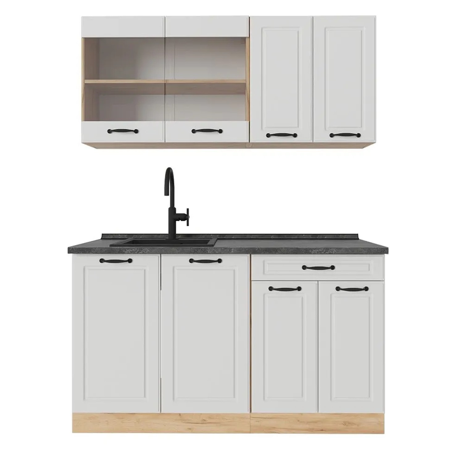Vicco R-Line Singleküche Weiß Landhaus Goldkraft Eiche 140 cm AP Anthrazit ohne E-Geräte