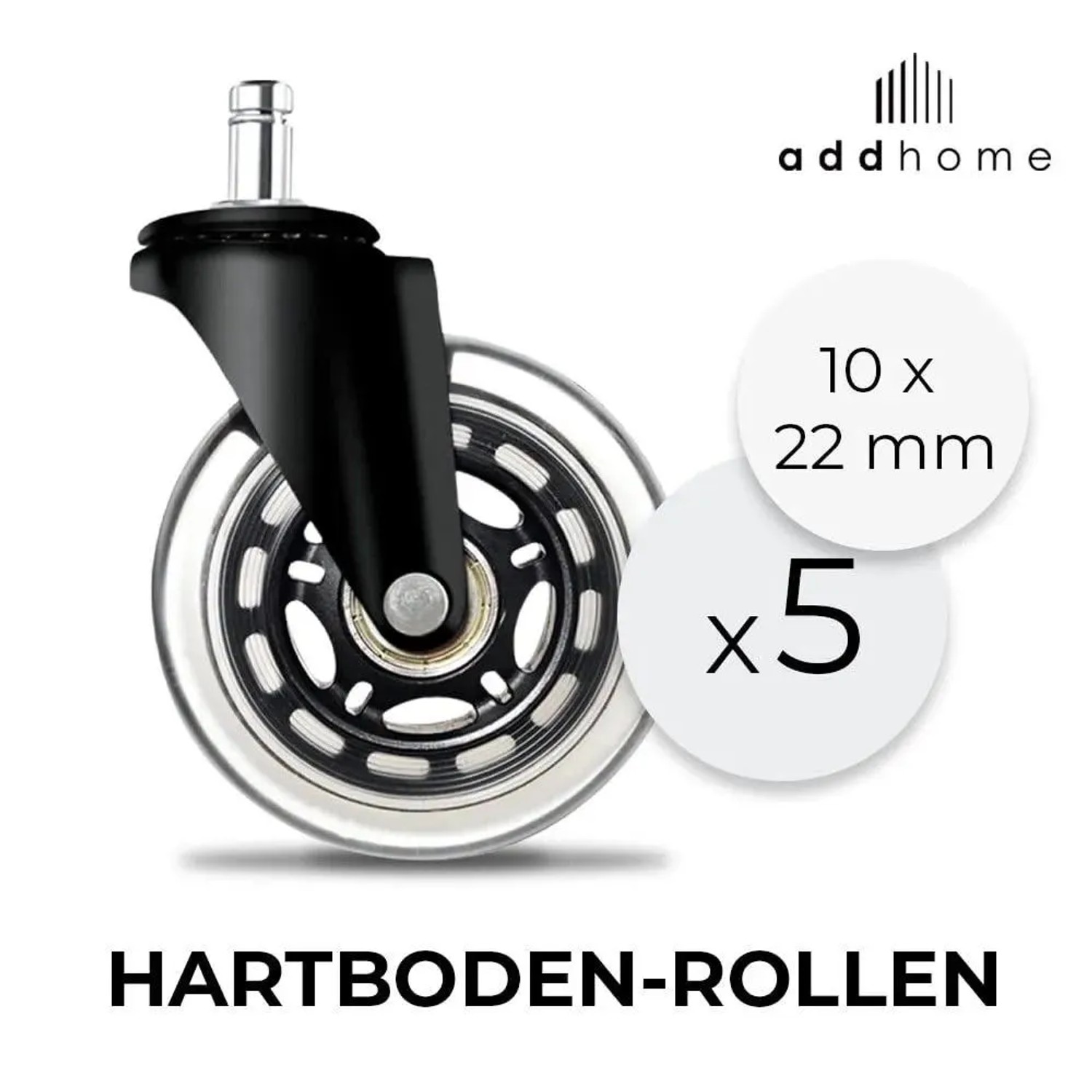 addhome 5er Set Bürostuhlrollen 10x22mm Leise Hartbodenrollen 73mm ø & 35mm_3