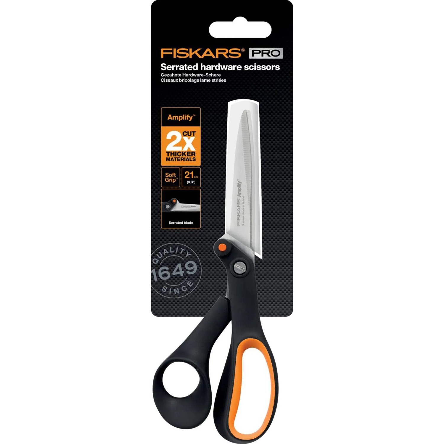 Fiskars Hardware-Schere Amplify, 21 cm, mit gezahnter Klinge für dicke Materialien.