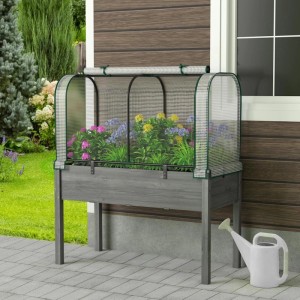 Weißes Costway 2-in-1 Mini Gewächshaus mit Metallrahmen auf Hochbeet, gefüllt mit bunten Blumen. Ideal für Garten & Anbau.