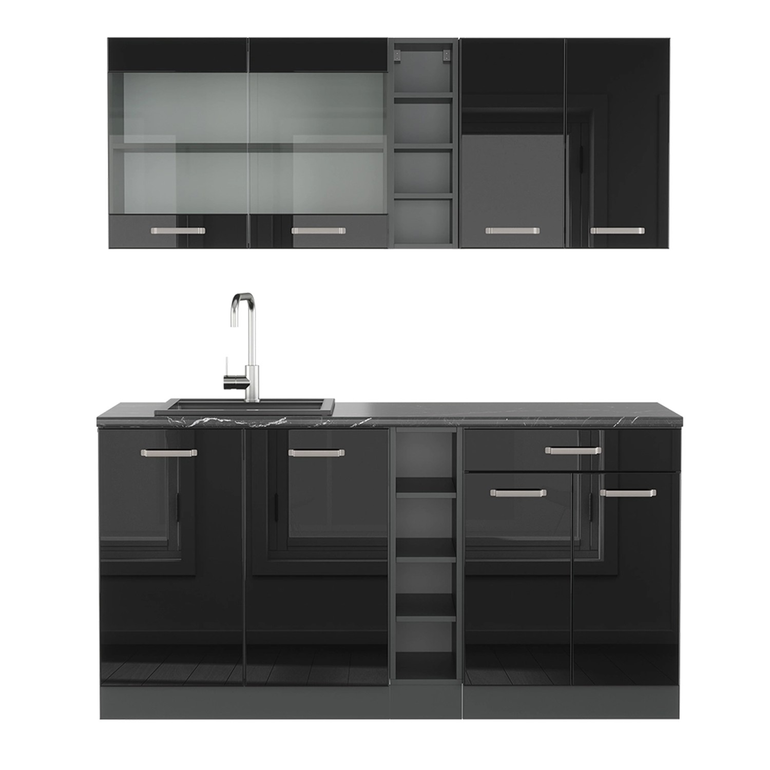Vicco R-Line Mini-Küche Schwarz Hochglanz/Anthrazit 160 cm ohne Arbeitsplat günstig online kaufen