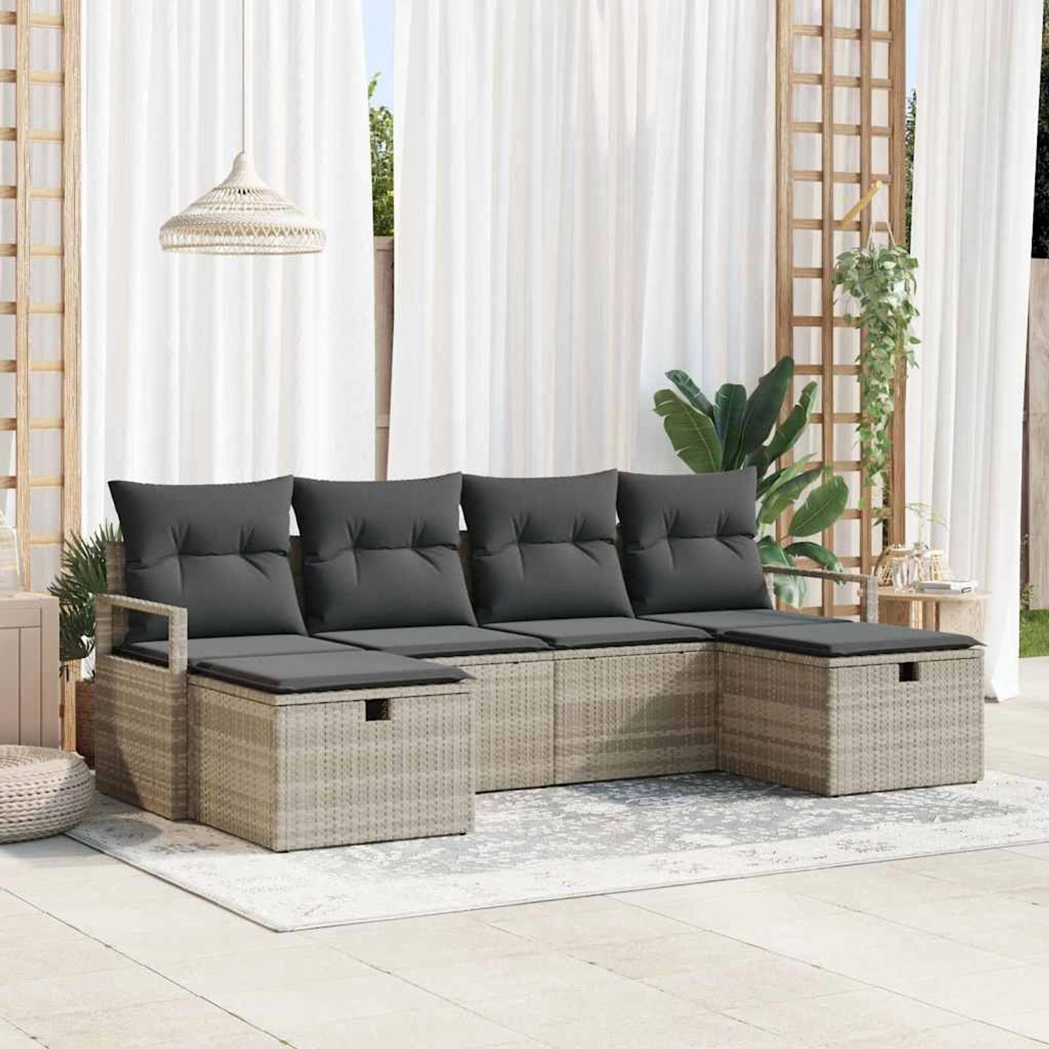 Hellgraues 6-tlg. vidaXL Garten-Sofa-Set aus Poly Rattan mit grauen Kissen.