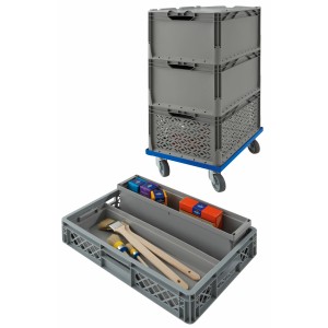 Grauer Eurobox-System Einsatzkasten 4 l für Euronorm-Behälter mit Inhalt.