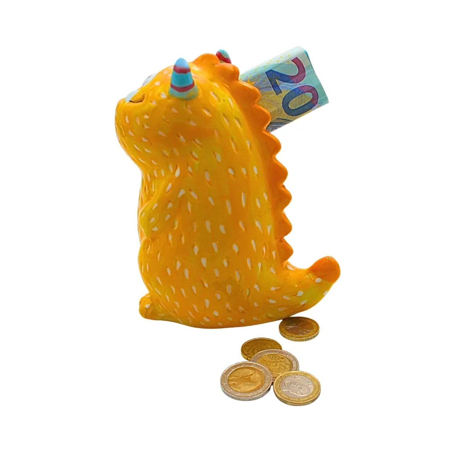 Gelbe Keramik-Monsterspardose mit 20-Euro-Schein und Münzen. Spartier für Kinderzimmer, Geschenkartikel.
