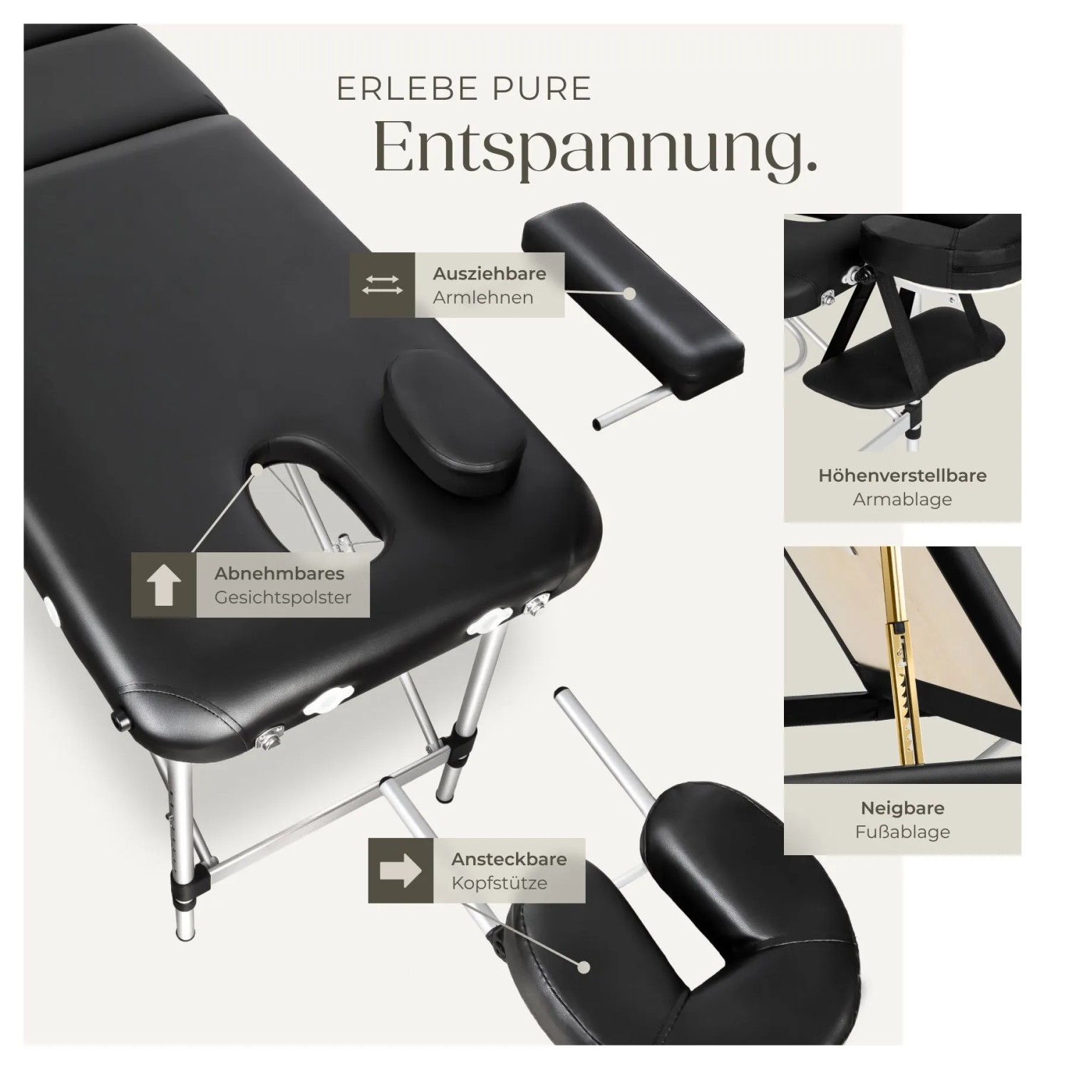 Schwarze Tectake 3-Zonen Massageliege mit Aluminiumgestell, 5 cm Polsterung, abnehmbarer Kopfstütze, verstellbaren Armlehnen und Fußablage.