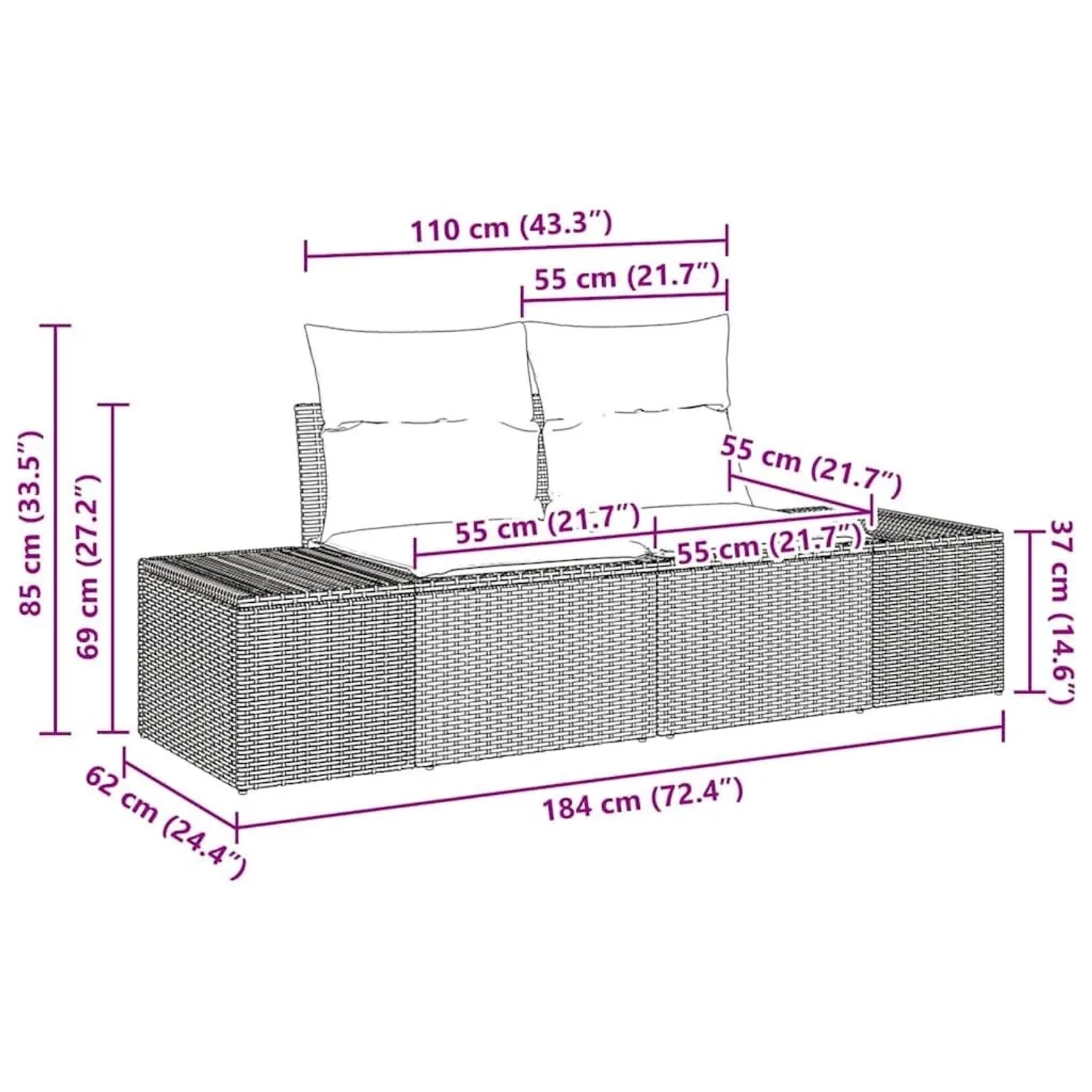 vidaXL Garten Essgruppe 5-tlg beige-creme, Maße und Details der modularen Rattanmöbel.
