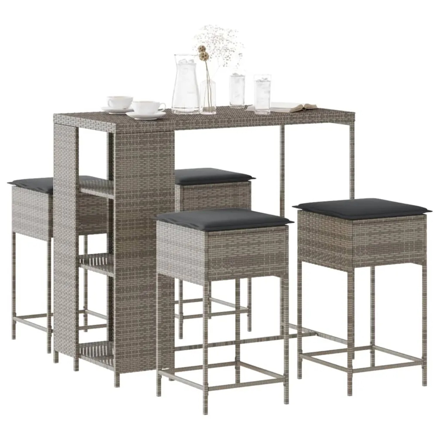 vidaXL Gartenbar-Set, 5-teilig, grau, Poly Rattan mit Tisch und Barhockern mit Kissen.
