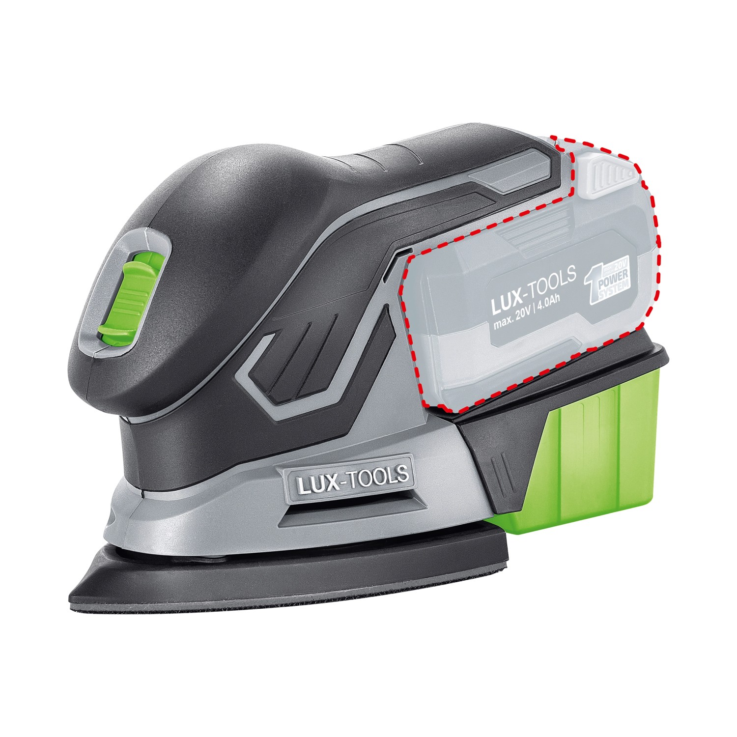 LUX Akku-Multischleifer A-MS-20 mit Akku, Staubfangbox und Staubsaugeranschluss.