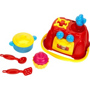 Sandspielzeug-Küche Beach Picnic mit Zubehör: Eimer, Topf, Kelle, Pfannenwender und Muffin.