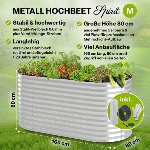 TTL GARDEN Ovales Garten-Hochbeet SPIRIT M 160×80×80 cm – Großes Metall Hochbeet Verzinkt in Silber für Garten & Terrasse