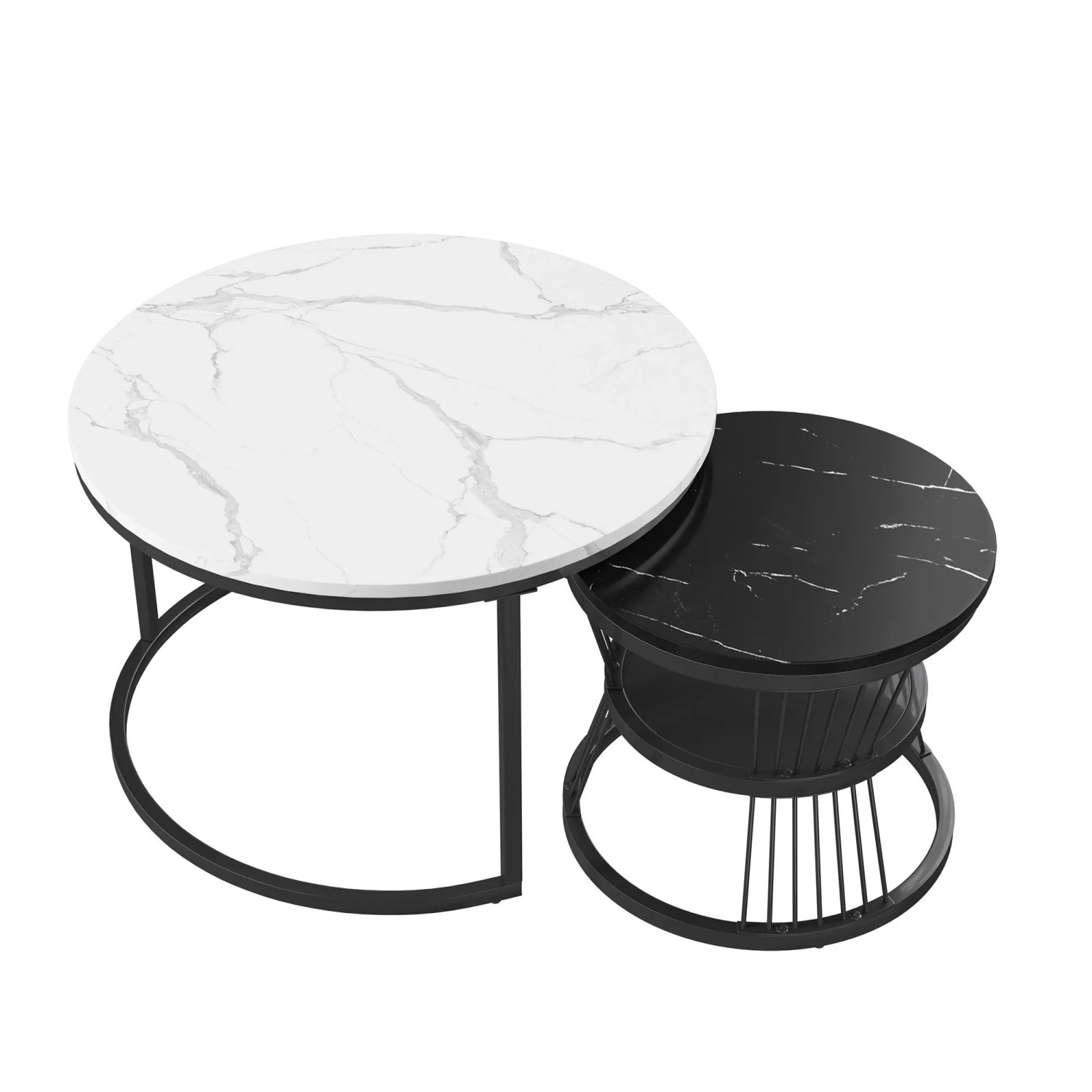 PXloue Couchtisch Satztisch Rund 2er Set Marmoroptik Wohnzimmertisch Schwarz und Weiß