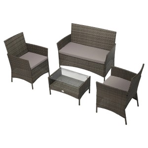 Graue Svita Brooklyn Polyrattan Sitzgruppe: Lounge Gartenmöbel Set mit Tisch, Sofa und zwei Sesseln.